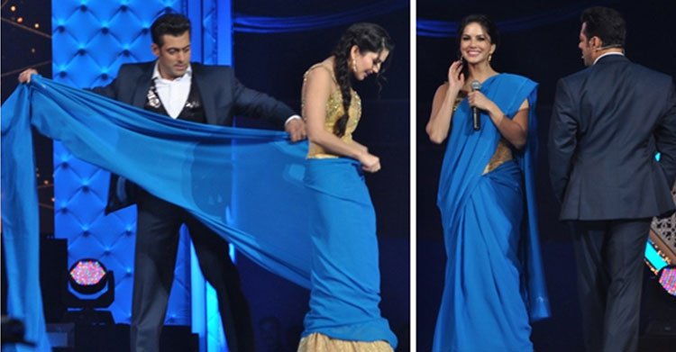 লাইভ অনুষ্ঠানে সানি লিওনকে শাড়ি পরালেন সালমান