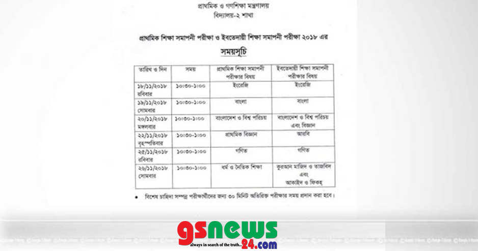 প্রাথমিক ও ইবতেদায়ি শিক্ষা সমাপনী পরীক্ষার রুটিন প্রকাশ