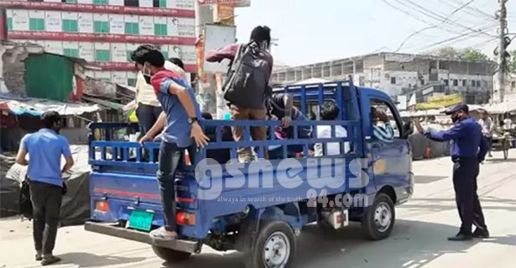 যাত্রীবাহী পরিবহণ নিষিদ্ধ থাকলেও পণ্যবাহী যানবাহনে চলাচল করছেন অনেকেই